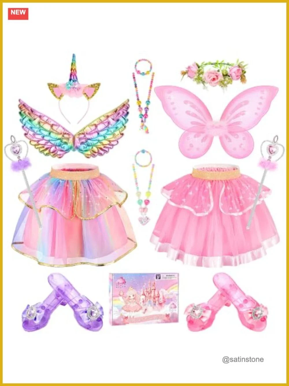 Girls Unicorn & Fairy Dress Up Costume Set 3-6Y Tutu Skirt Wings Shoes Jewelry